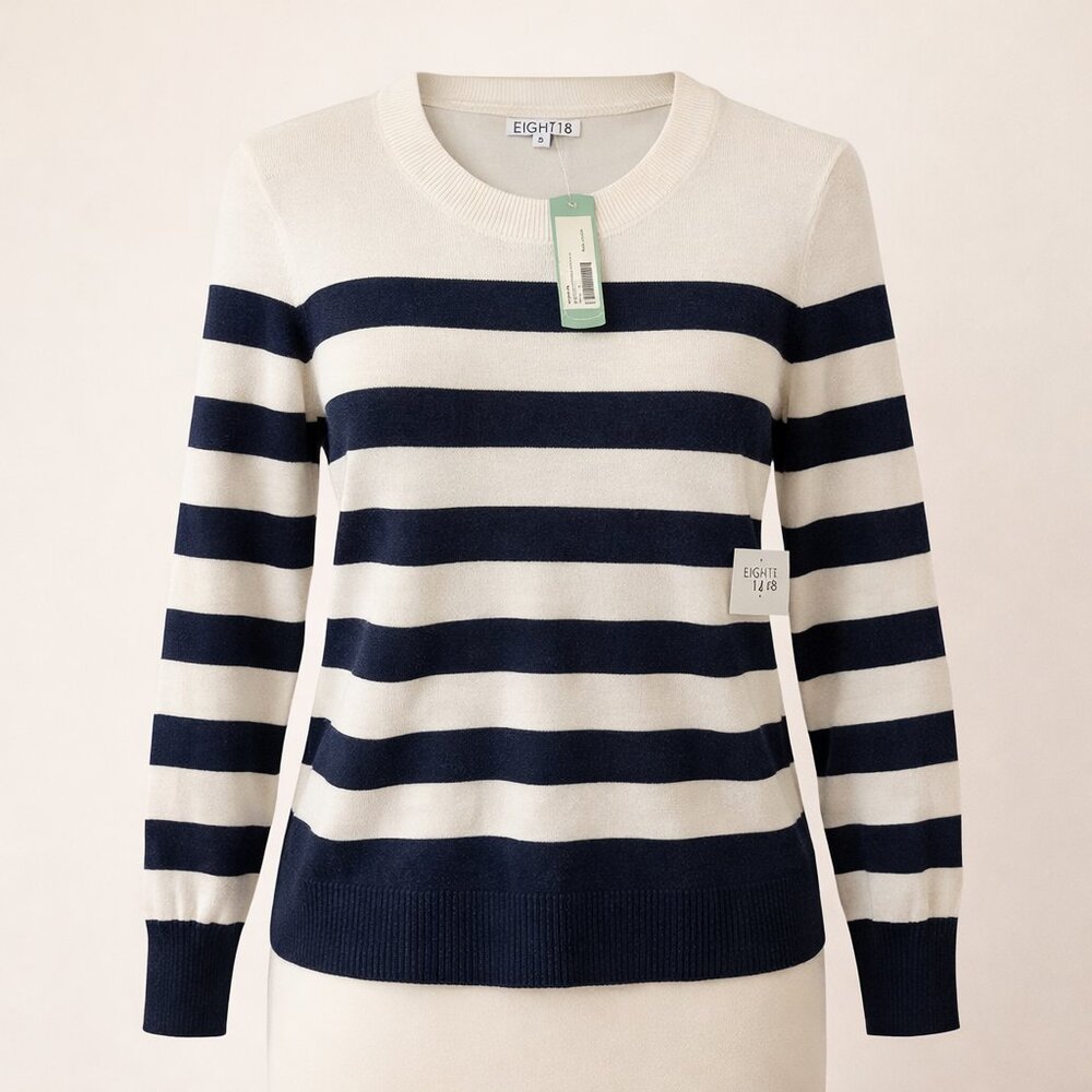 NWT Eight 18 Navy White Striped Crewneck Sweater Small Coastal Preppy Spring